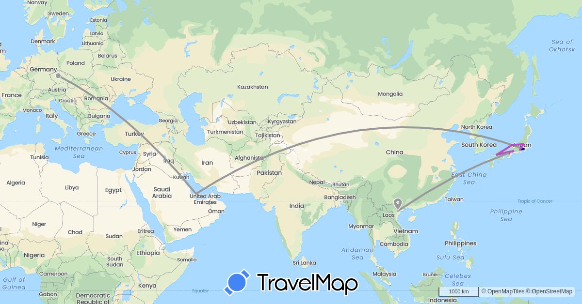 TravelMap itinerary: driving, plane, train in Czech Republic, Japan, Qatar, Vietnam (Asia, Europe)